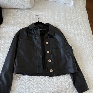Zara Black Faux Leather Cropped Button-Front Jacket